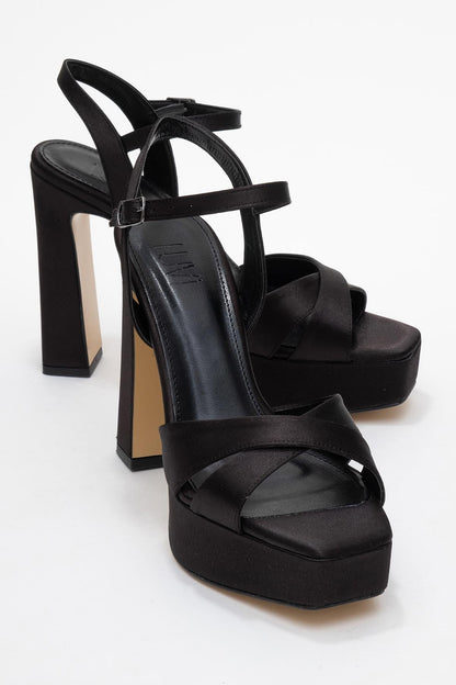 Yulia - Black Satin Cross-Strap Platform Heel (Women)