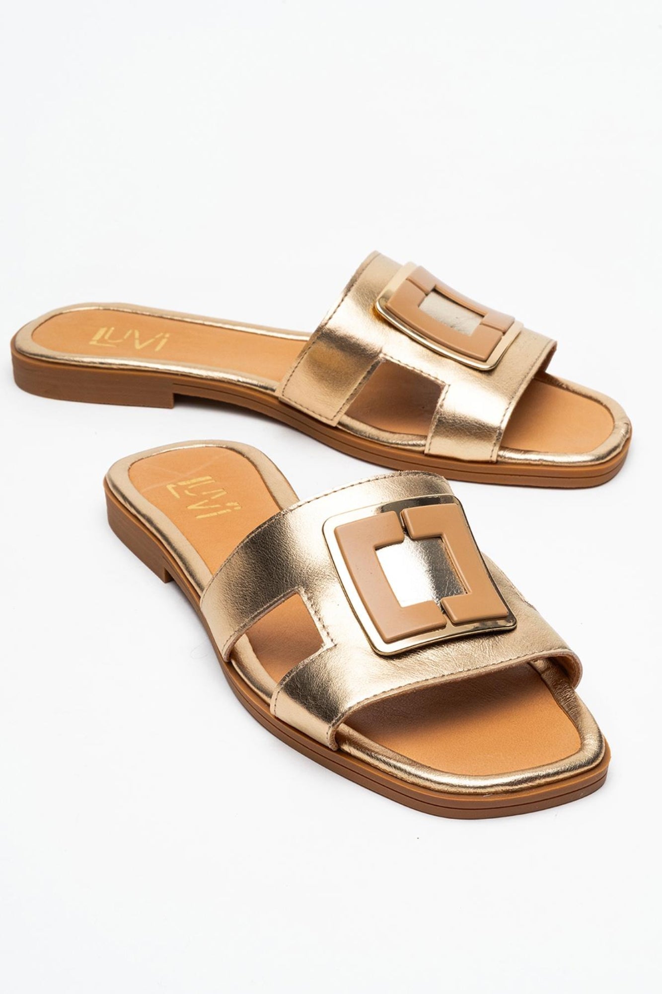 Millie - Gold Genuine Leather Buckled Slide (Women)