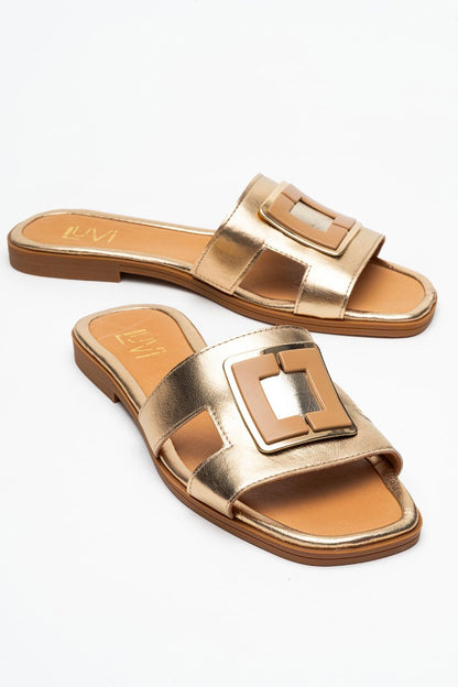 Millie - Gold Genuine Leather Buckled Slide (Women)