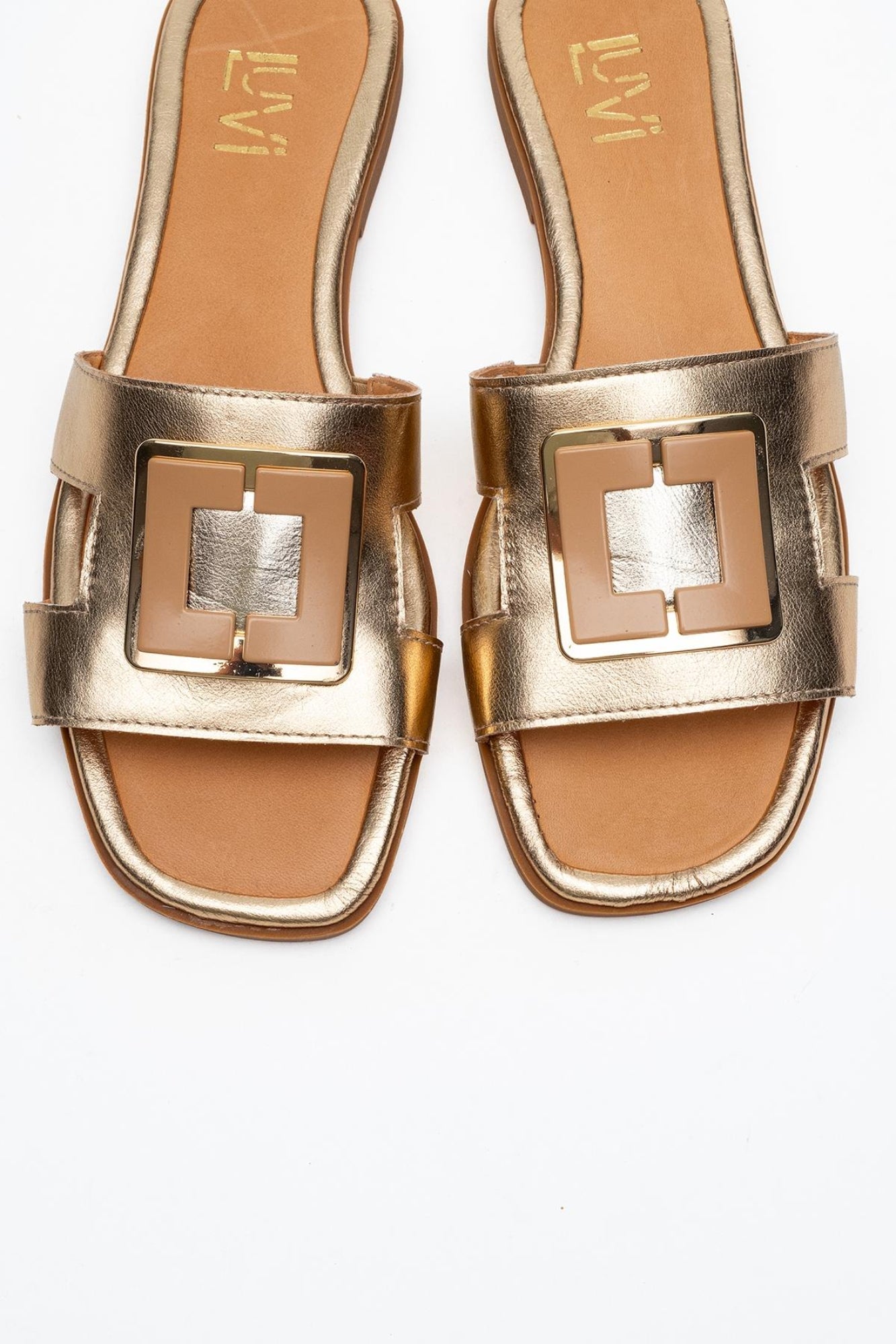 Millie - Gold Genuine Leather Buckled Slide (Women)