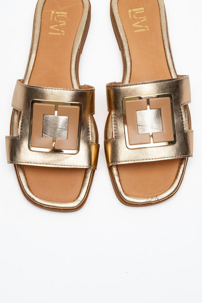 Millie - Gold Genuine Leather Buckled Slide (Women)