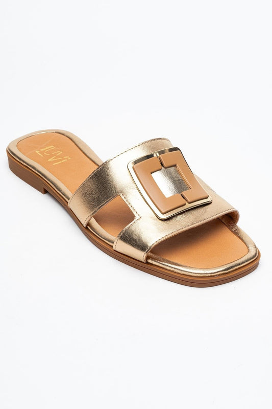 Millie - Gold Genuine Leather Buckled Slide (Women)