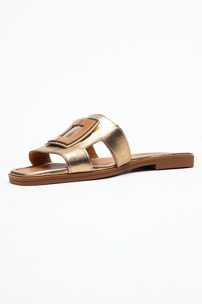 Millie - Gold Genuine Leather Buckled Slide (Women)