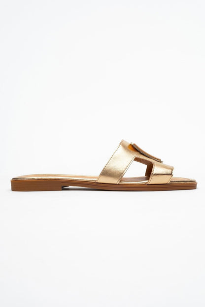 Millie - Gold Genuine Leather Buckled Slide (Women)