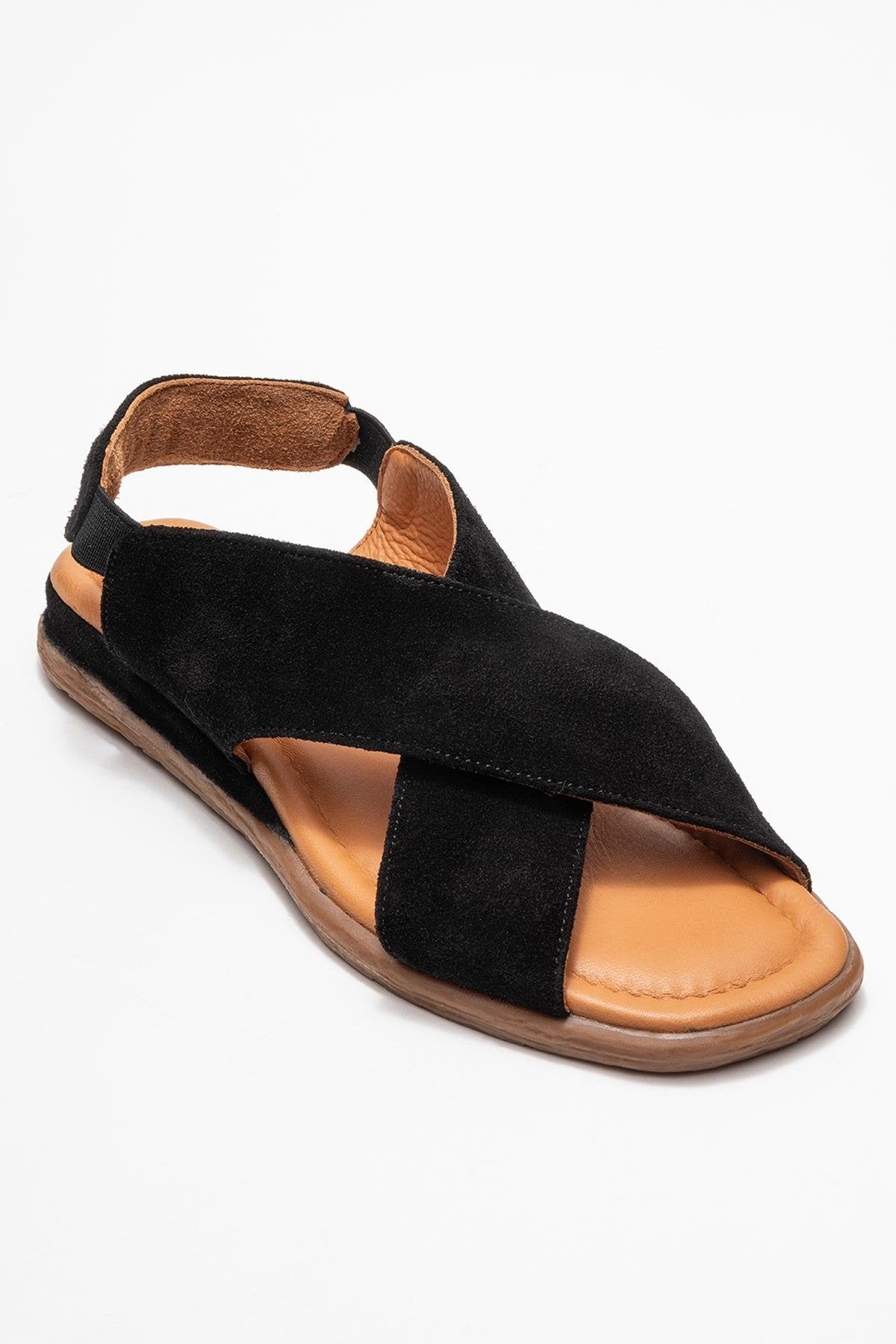 706 - Sandalia de Piel Genuina de Gamuza Negra (Mujer)