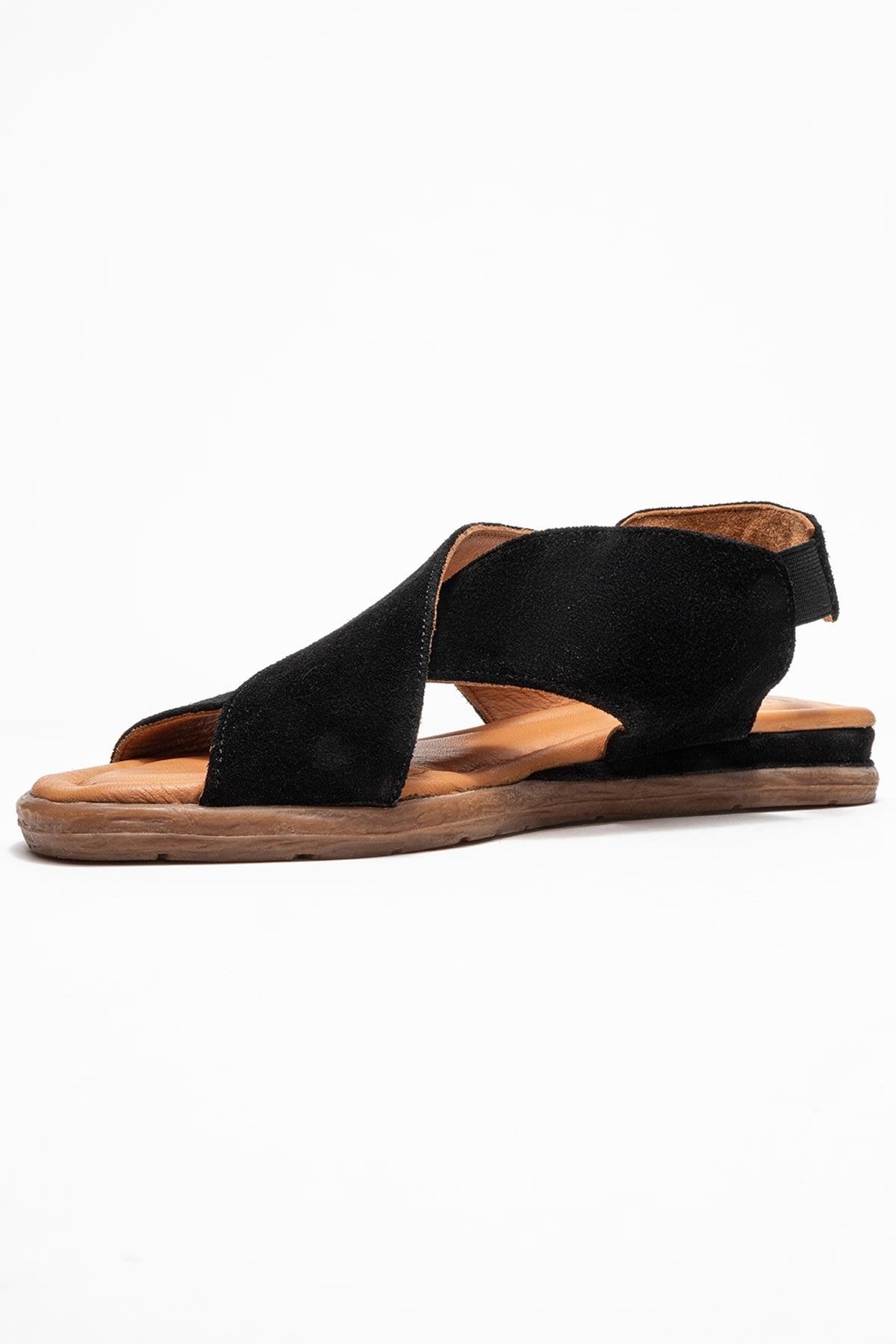 706 - Sandalia de Piel Genuina de Gamuza Negra (Mujer)
