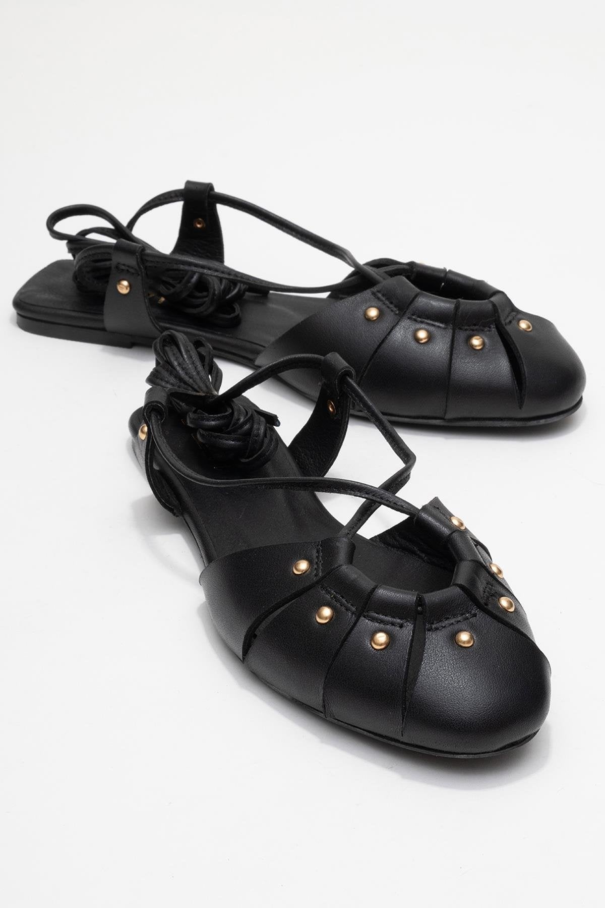 Daria - Sandalia de Tacón con Cordones en Cuero Negro (Mujer)