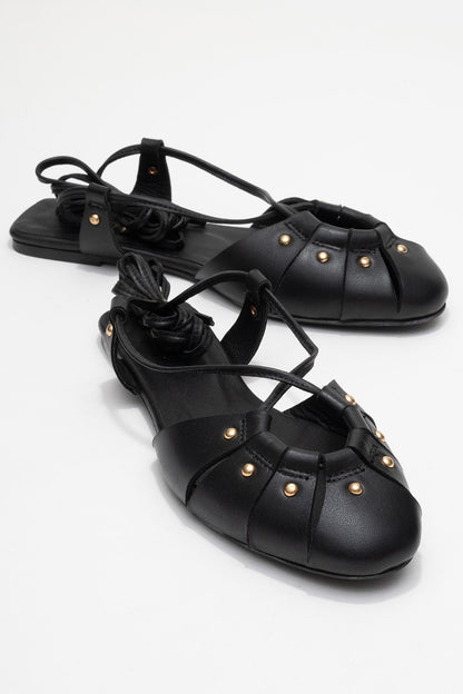 Daria - Sandalia de Tacón con Cordones en Cuero Negro (Mujer)