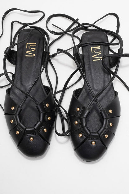 Daria - Sandalia de Tacón con Cordones en Cuero Negro (Mujer)
