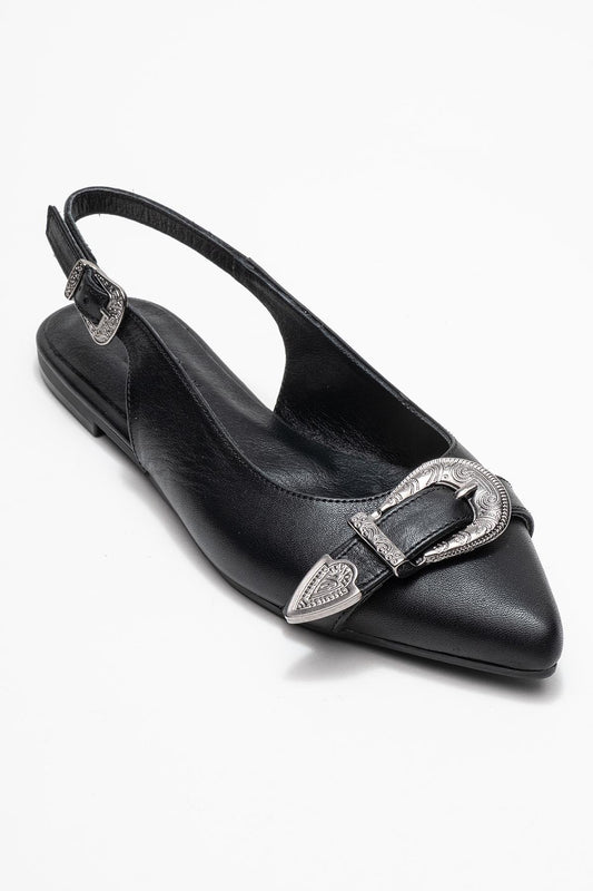 Cordelia - Sandalia de Tacón con Hebilla, Punta Fina y Piel Negra (Mujer)