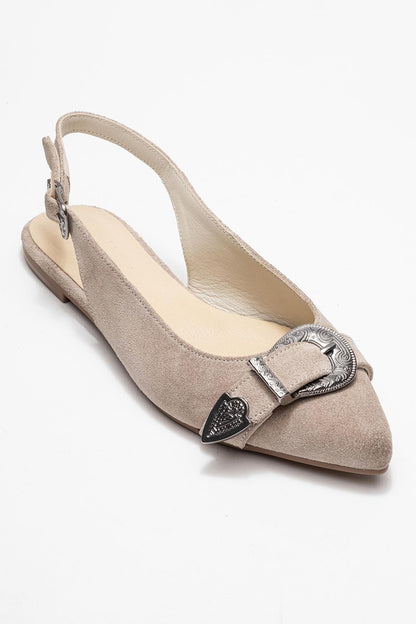 Cordelia - Sandalia de hebilla de cuero de ante beige con punta (mujer)