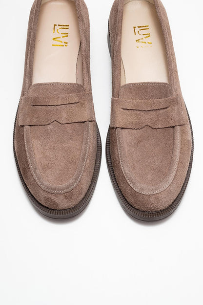 Bree - Mocasines de plataforma de cuero y gamuza color topo (mujer)