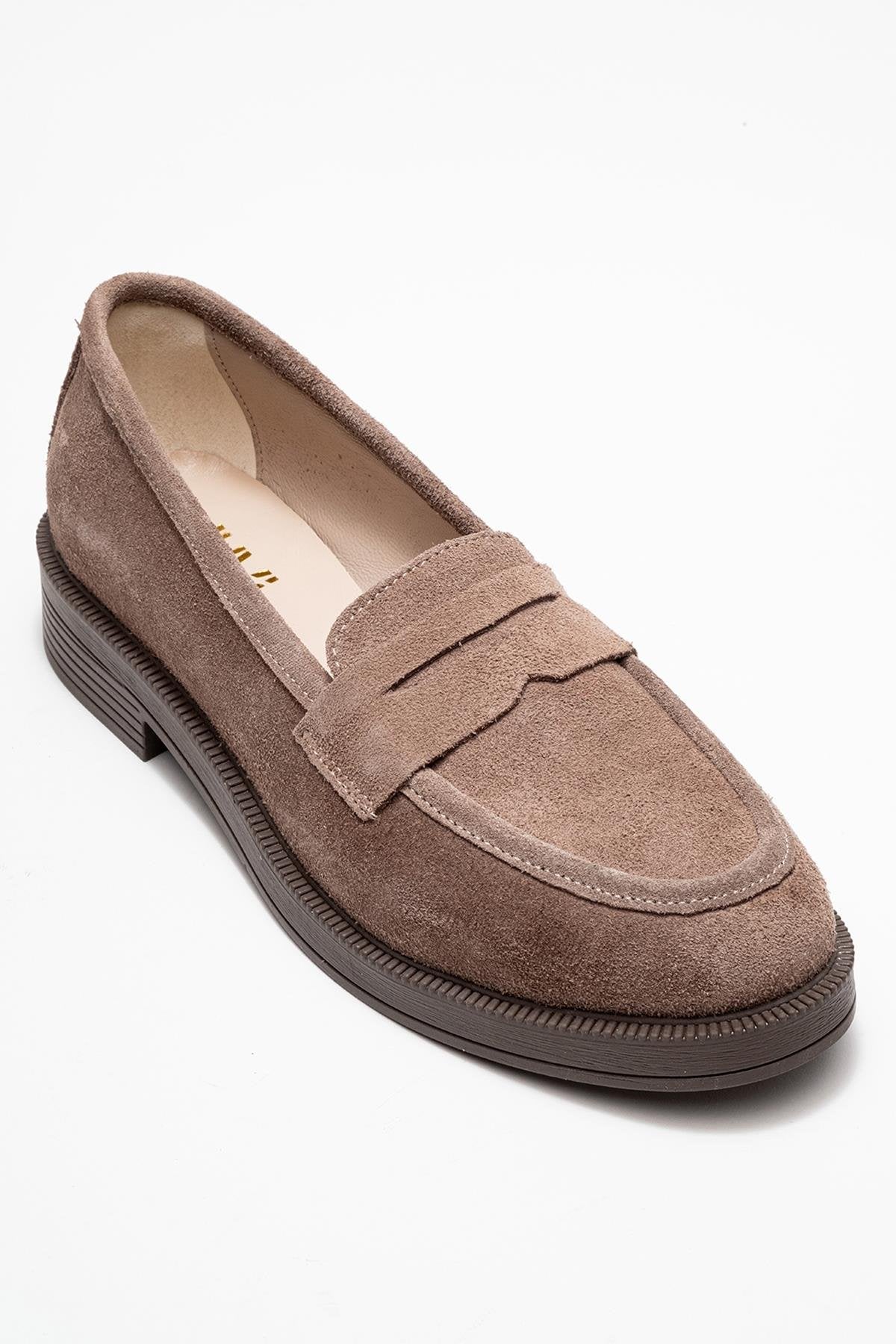 Bree - Mocasines de plataforma de cuero y gamuza color topo (mujer)