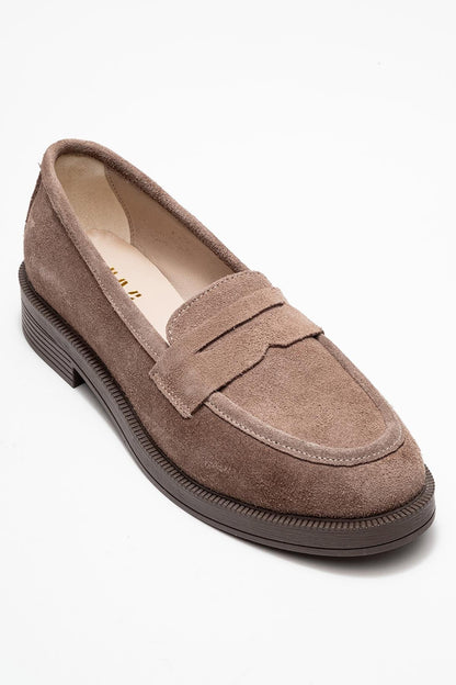 Bree - Mocasines de plataforma de cuero y gamuza color topo (mujer)