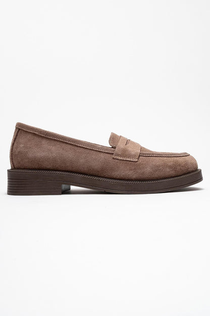 Bree - Mocasines de plataforma de cuero y gamuza color topo (mujer)