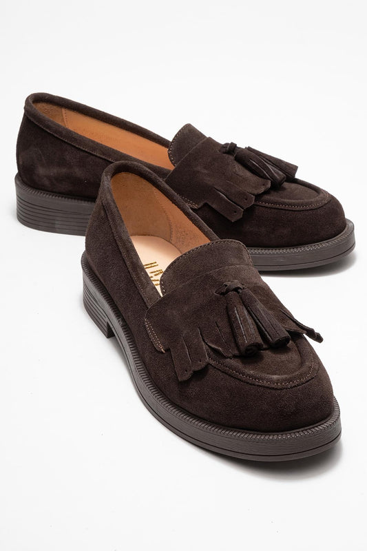 Milly - Mocasines de borlas de cuero de gamuza marrón