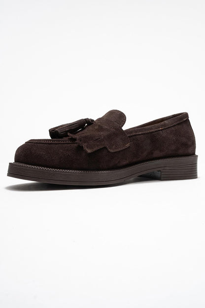 Milly - Mocasines de borlas de cuero de gamuza marrón