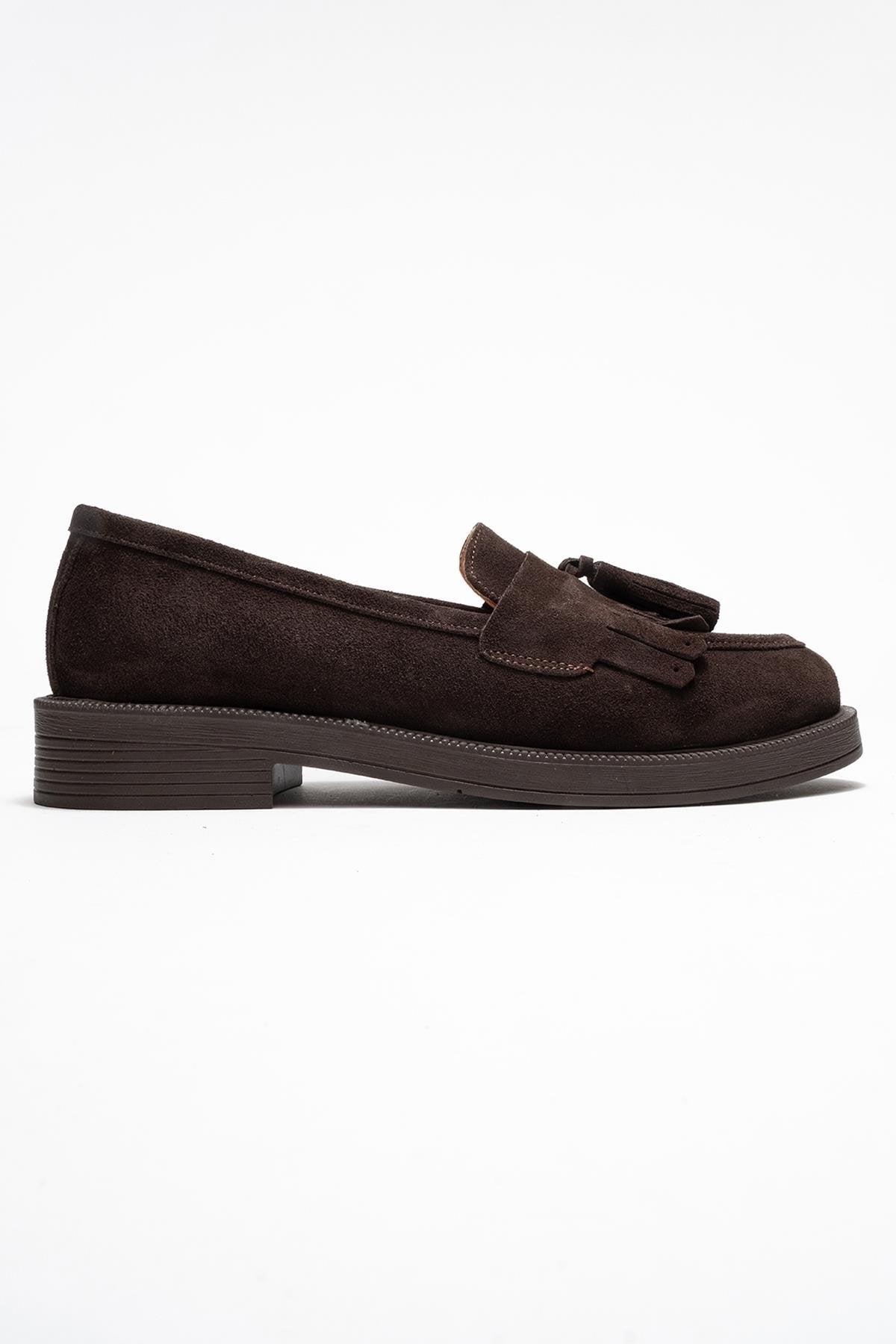 Milly - Mocasines de borlas de cuero de gamuza marrón