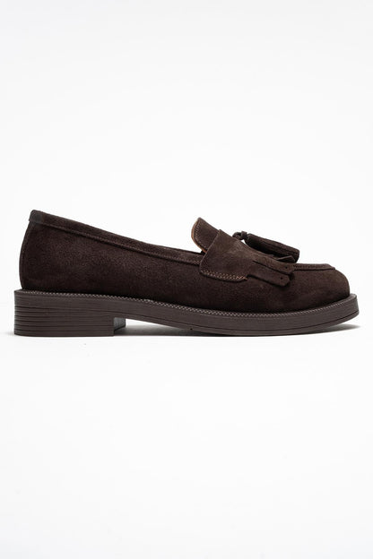 Milly - Mocasines de borlas de cuero de gamuza marrón