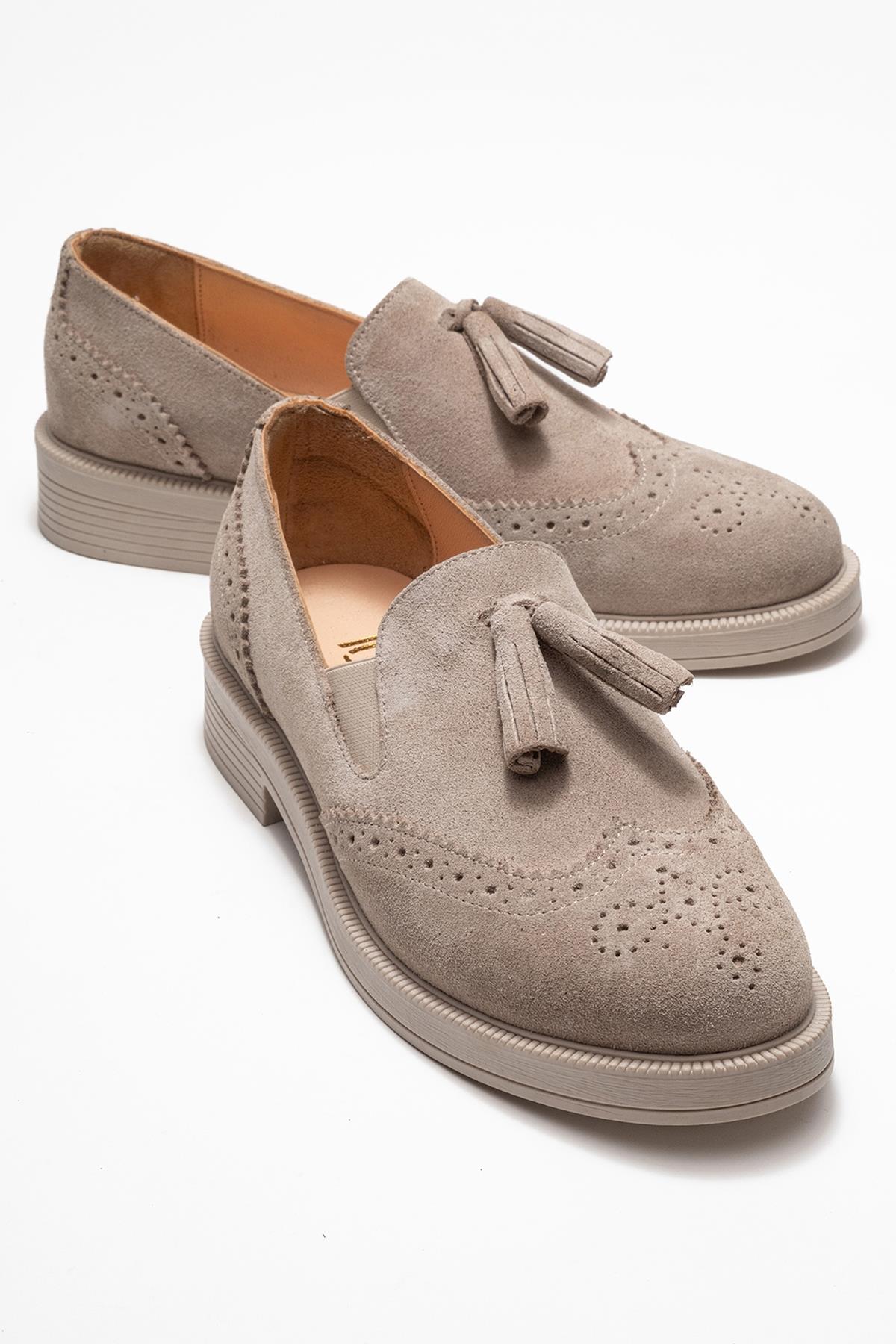 Alex - Beige Suede Leather Tassel Loafers (Women)