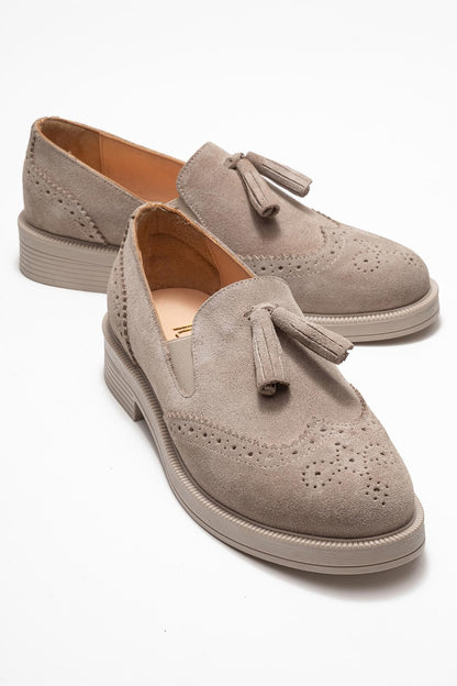 Alex - Beige Suede Leather Tassel Loafers (Women)