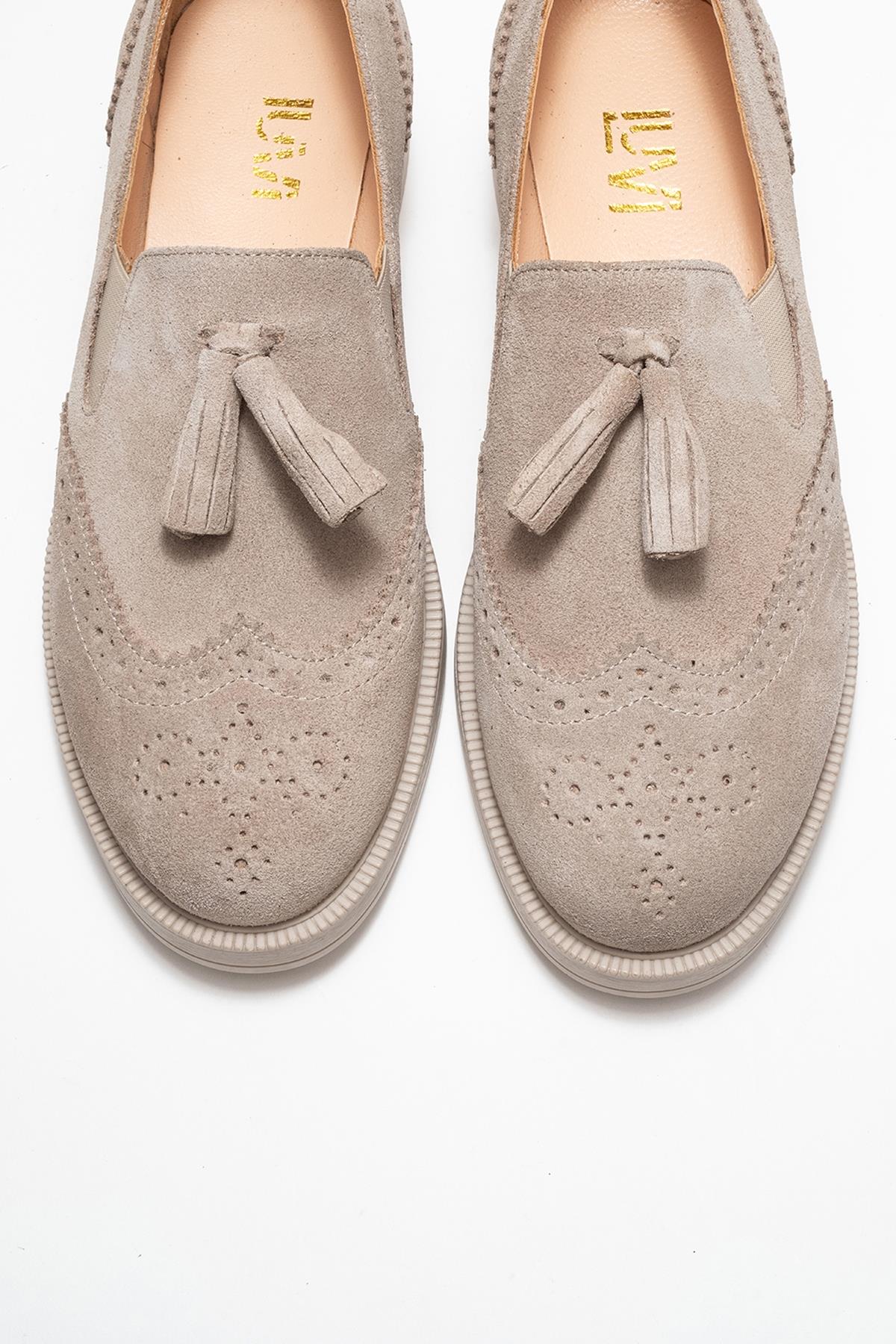 Alex - Beige Suede Leather Tassel Loafers (Women)