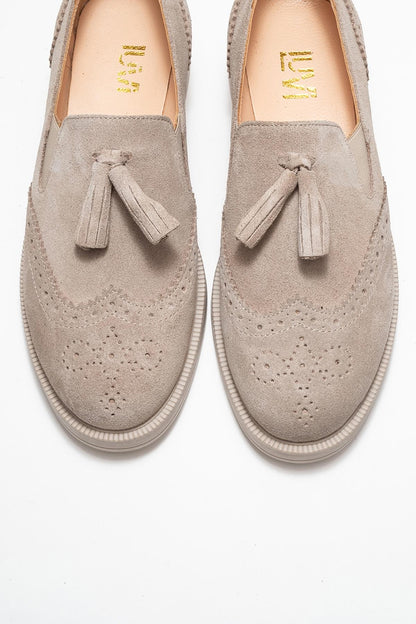 Alex - Beige Suede Leather Tassel Loafers (Women)