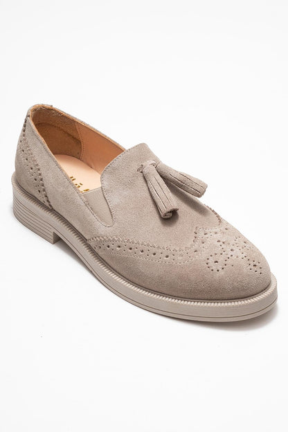 Alex - Beige Suede Leather Tassel Loafers (Women)