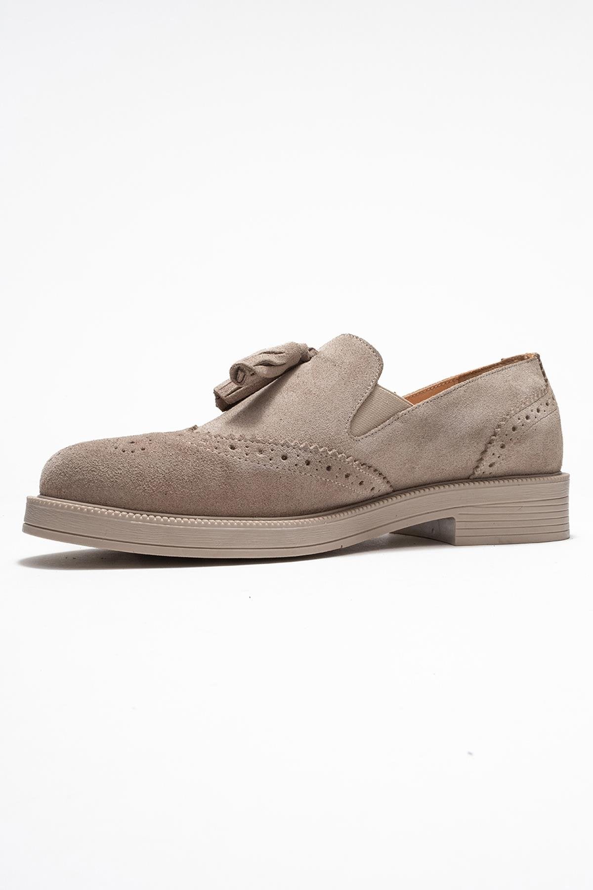 Alex - Beige Suede Leather Tassel Loafers (Women)