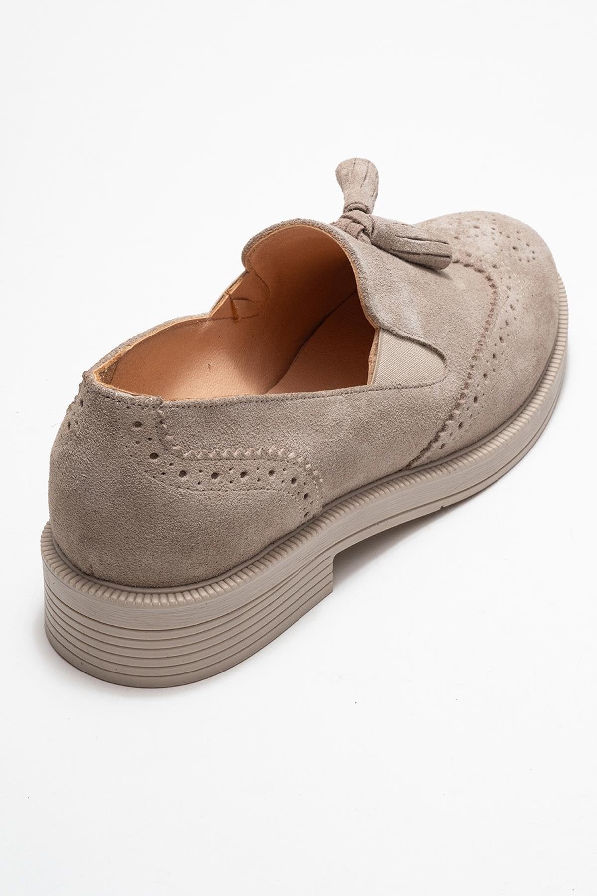 Alex - Beige Suede Leather Tassel Loafers (Women)