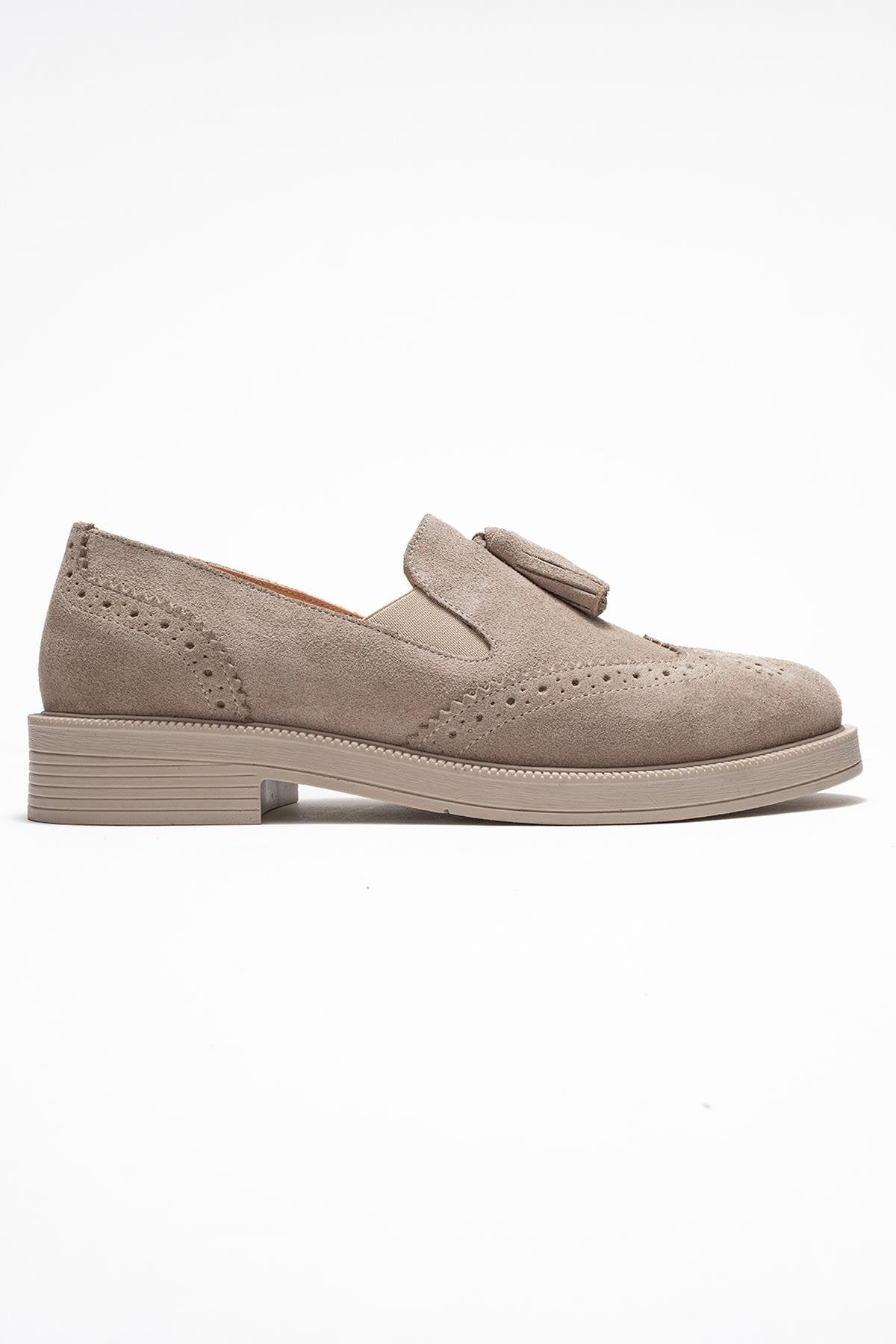 Alex - Beige Suede Leather Tassel Loafers (Women)