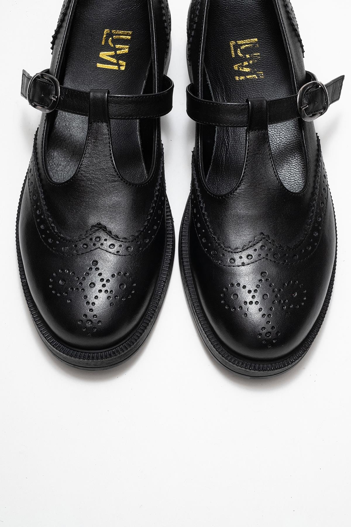 Janney - Black Leather Strap Loafers (Women)
