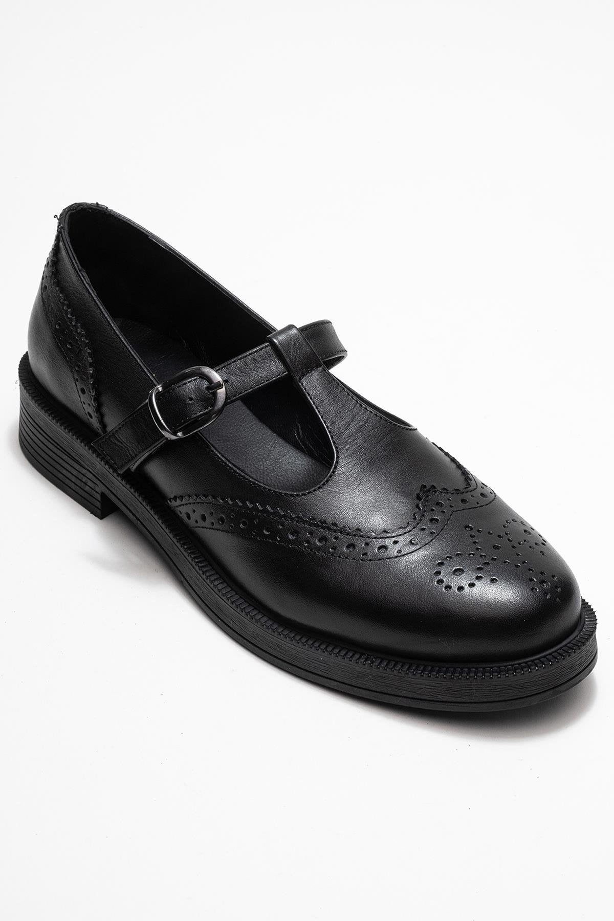 Janney - Black Leather Strap Loafers (Women)