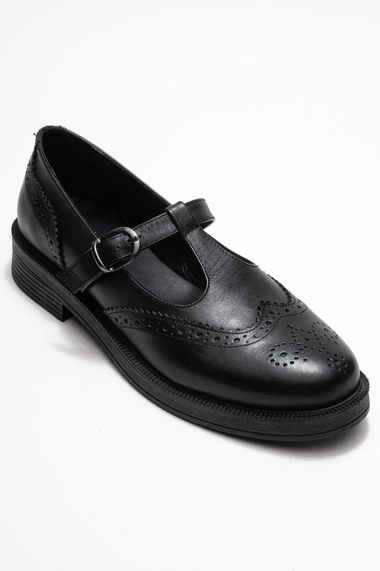 Janney - Black Leather Strap Loafers (Women)