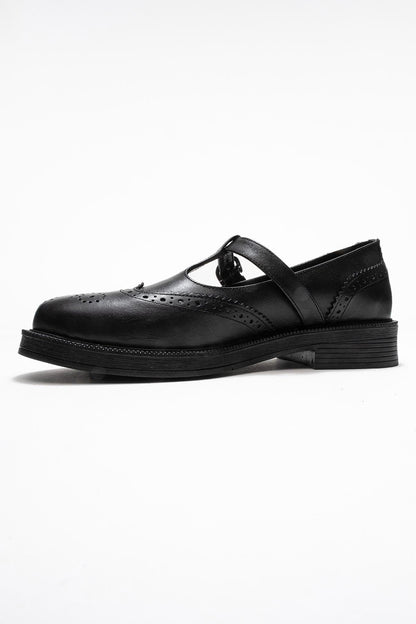 Janney - Black Leather Strap Loafers (Women)