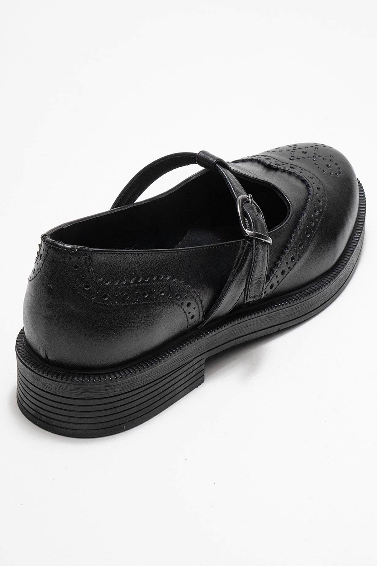 Janney - Black Leather Strap Loafers (Women)