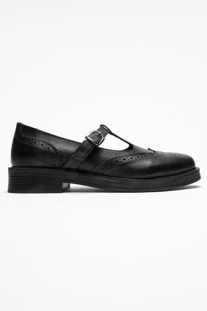 Janney - Black Leather Strap Loafers (Women)