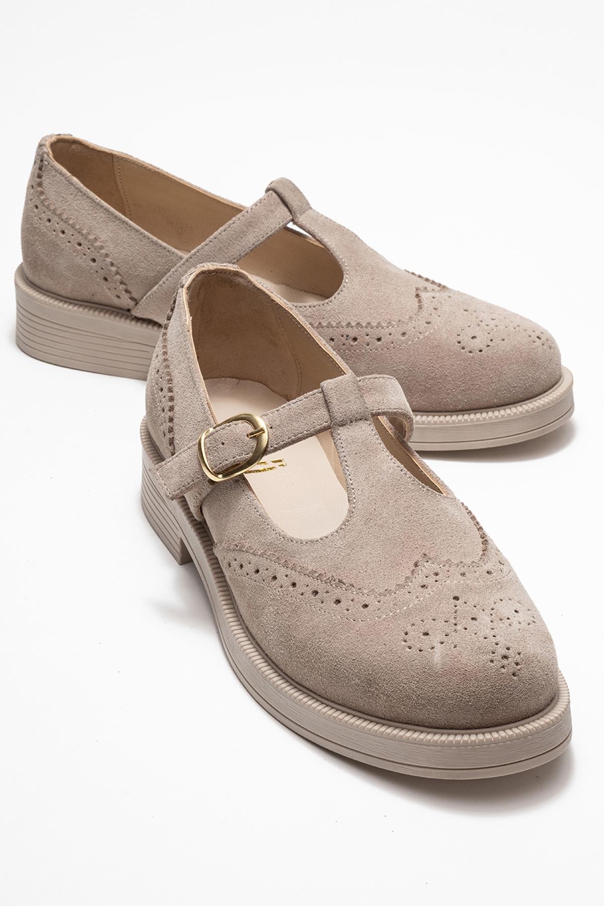 Janney - Beige Suede Leather Strap Loafers (Women)