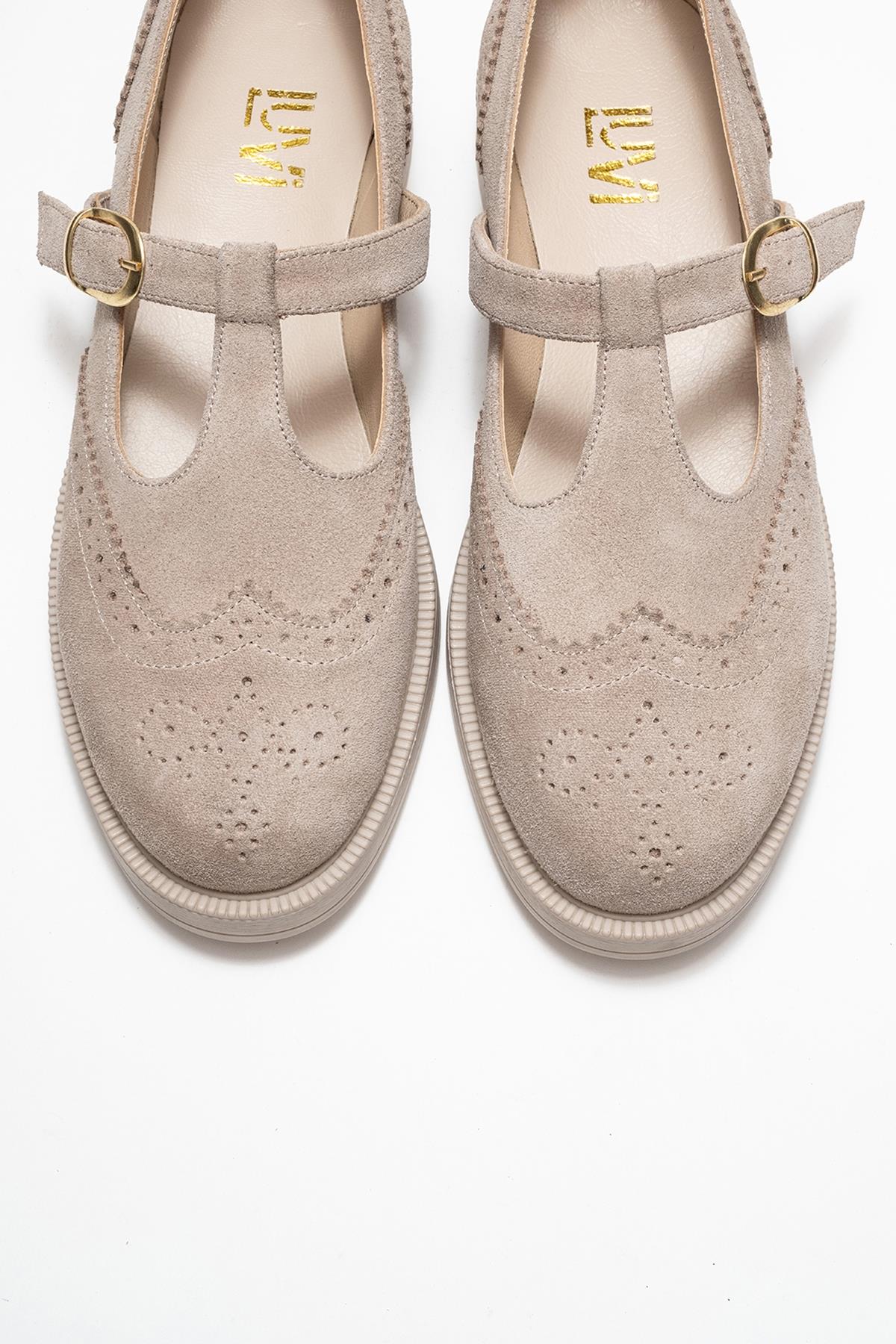 Janney - Beige Suede Leather Strap Loafers (Women)