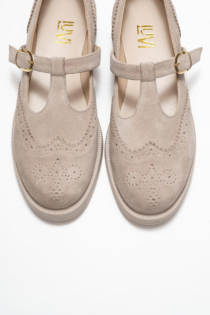 Janney - Beige Suede Leather Strap Loafers (Women)