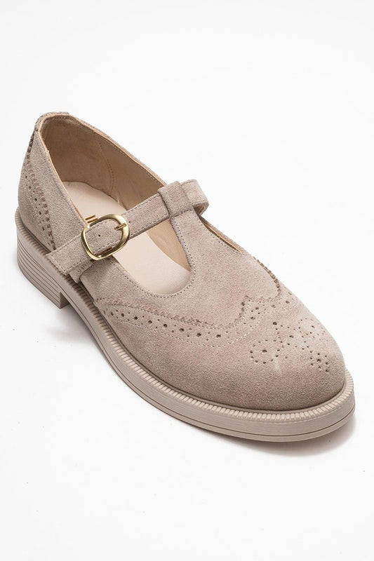 Janney - Beige Suede Leather Strap Loafers (Women)