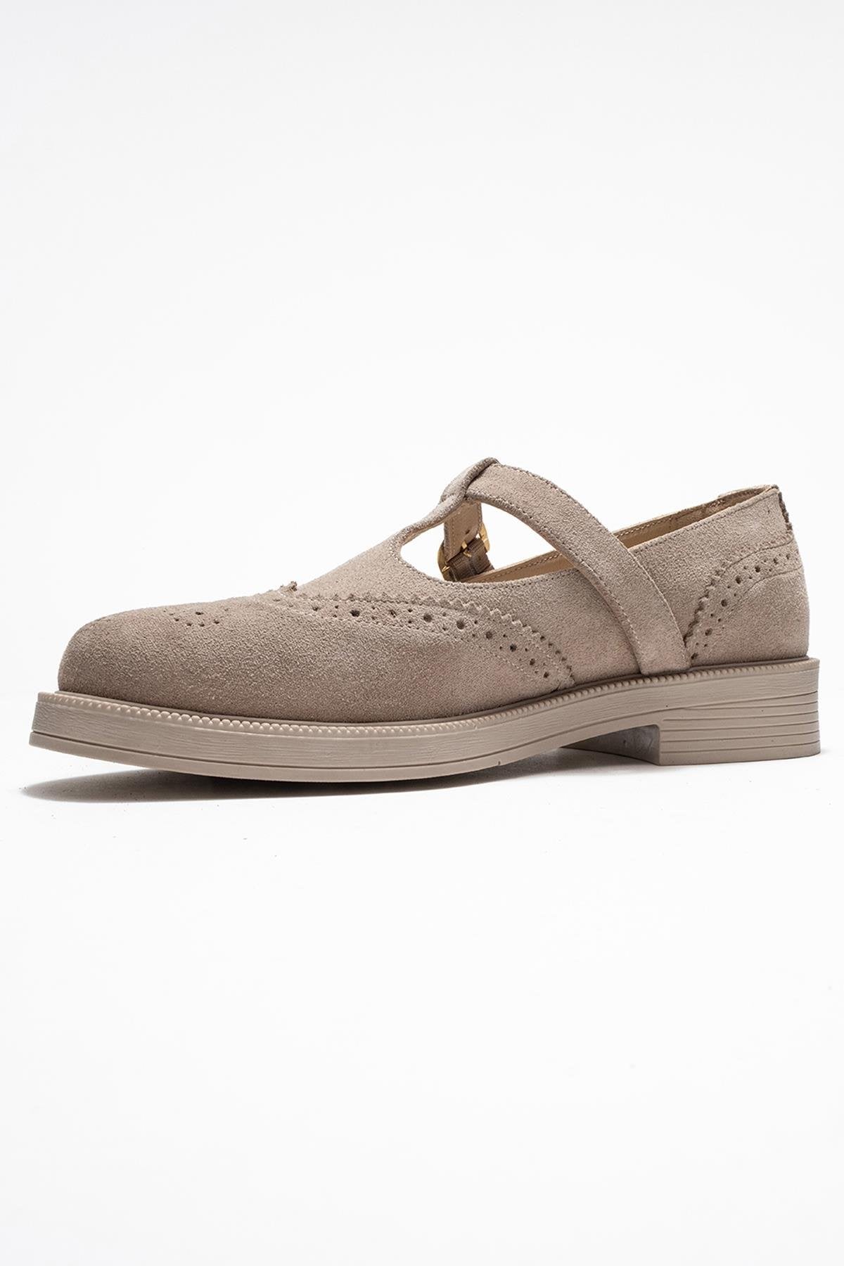Janney - Beige Suede Leather Strap Loafers (Women)