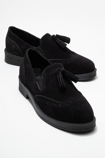 Alex - Black Suede Leather Tassel Loafers (Women)