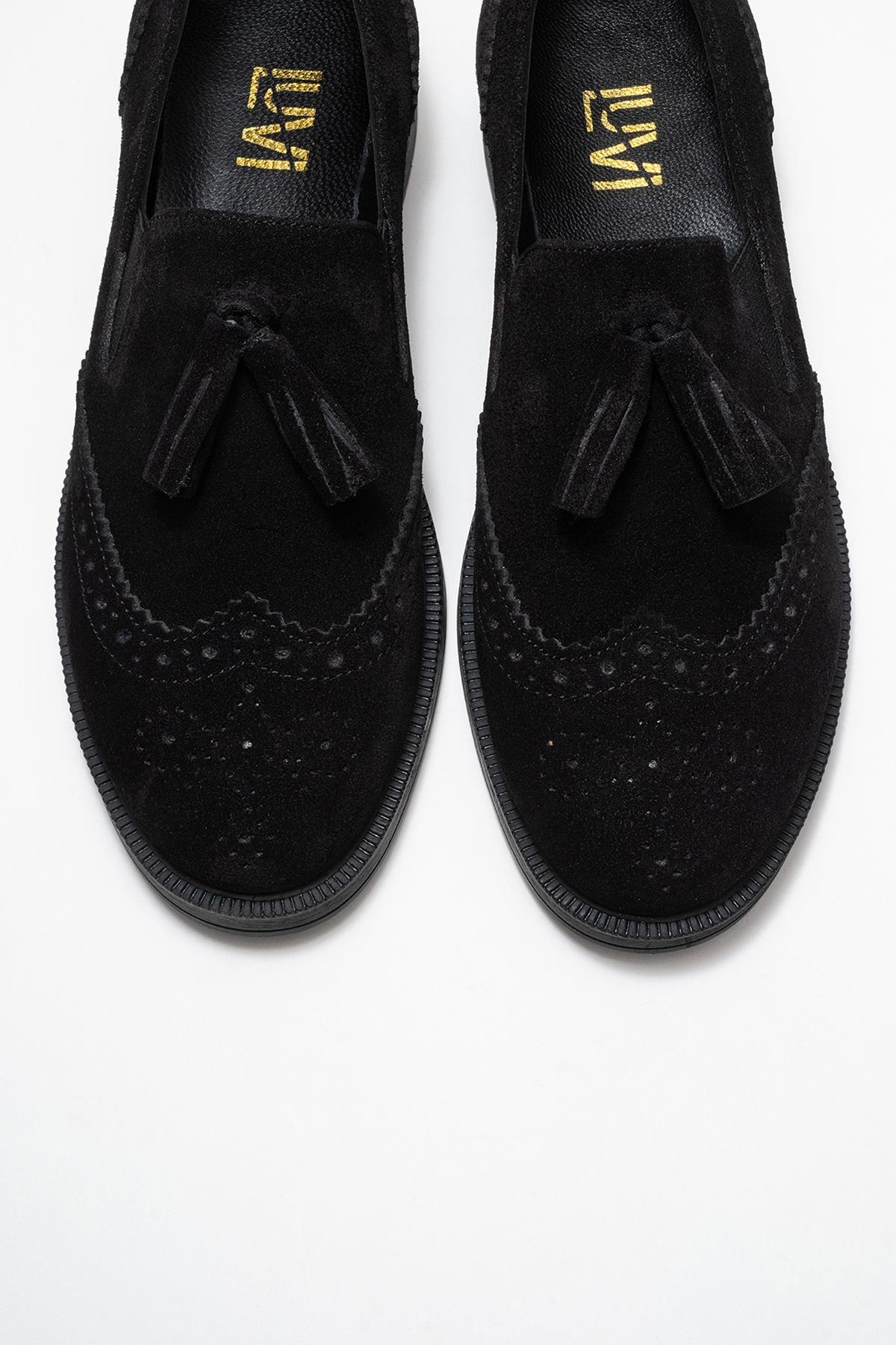 Alex - Black Suede Leather Tassel Loafers (Women)