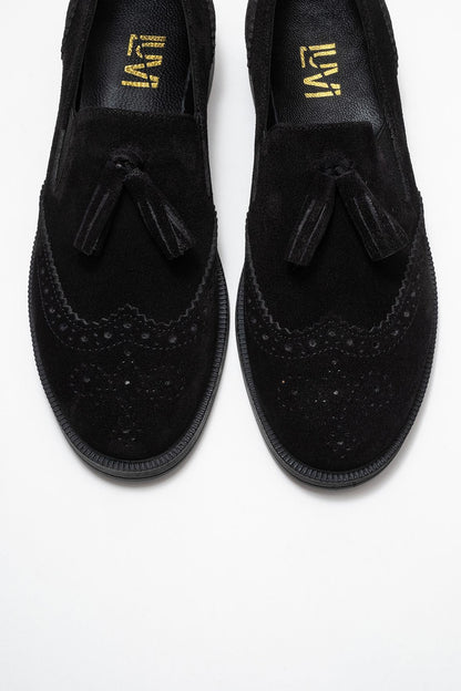 Alex - Black Suede Leather Tassel Loafers (Women)