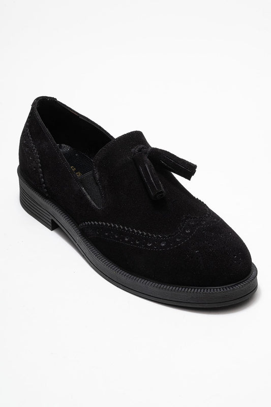 Alex - Black Suede Leather Tassel Loafers (Women)