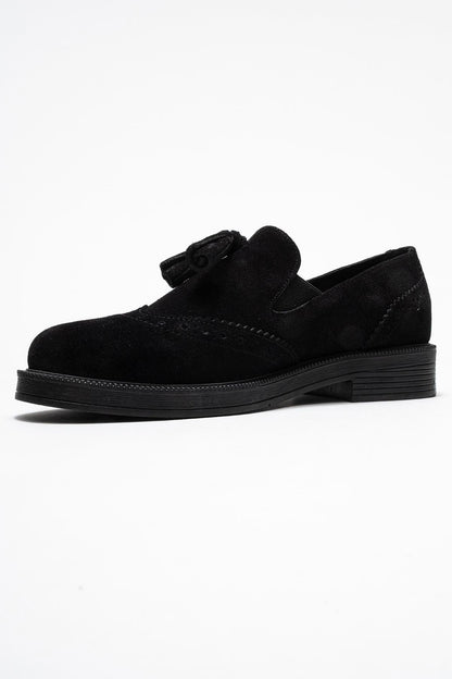 Alex - Black Suede Leather Tassel Loafers (Women)