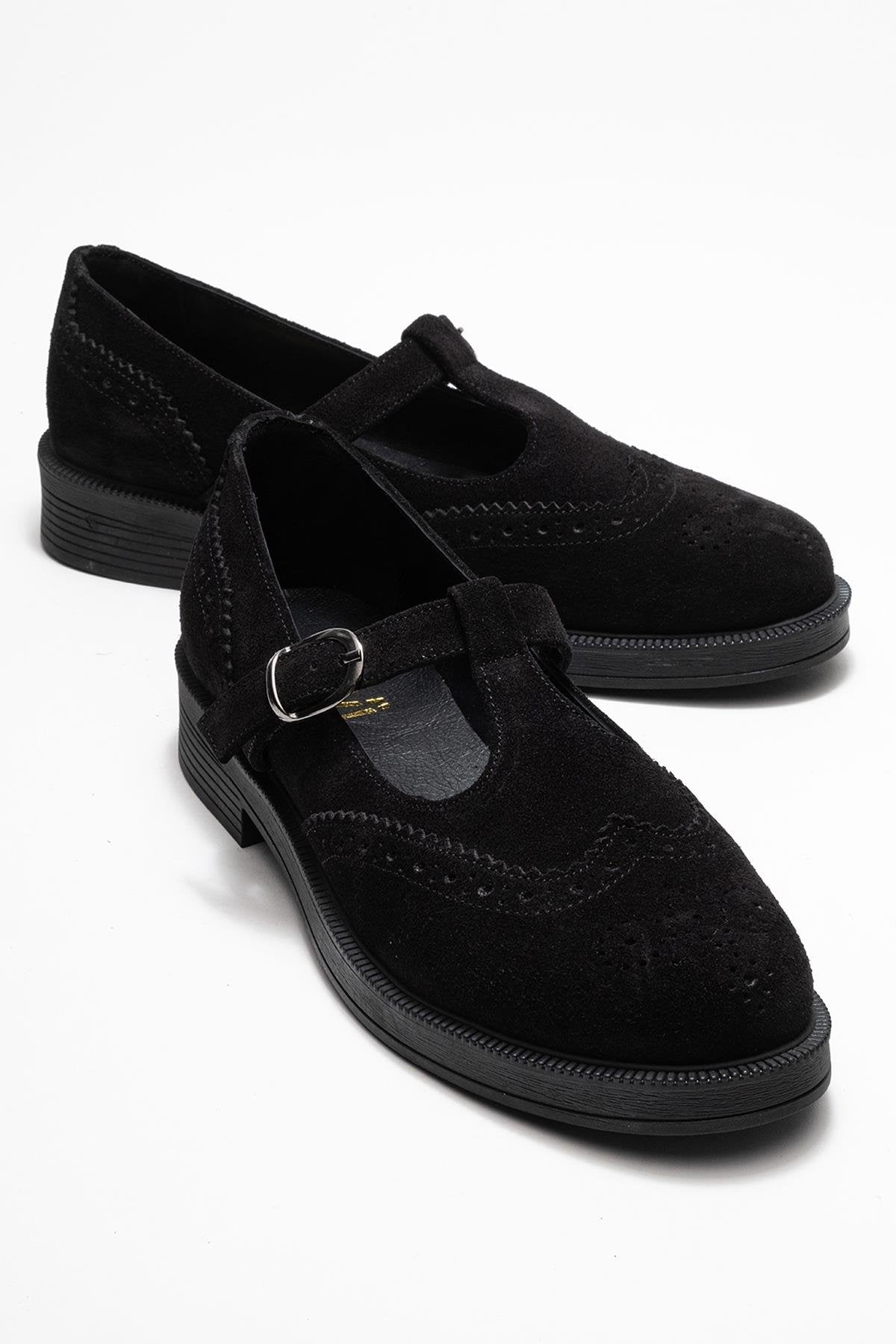Janney - Black Suede Leather Strap Loafers (Women)