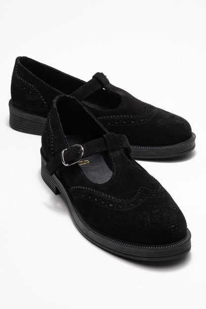 Janney - Black Suede Leather Strap Loafers (Women)