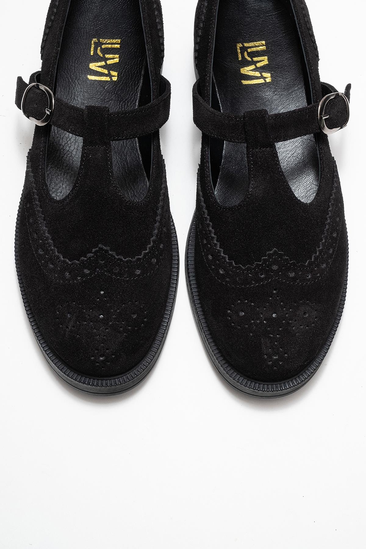 Janney - Black Suede Leather Strap Loafers (Women)